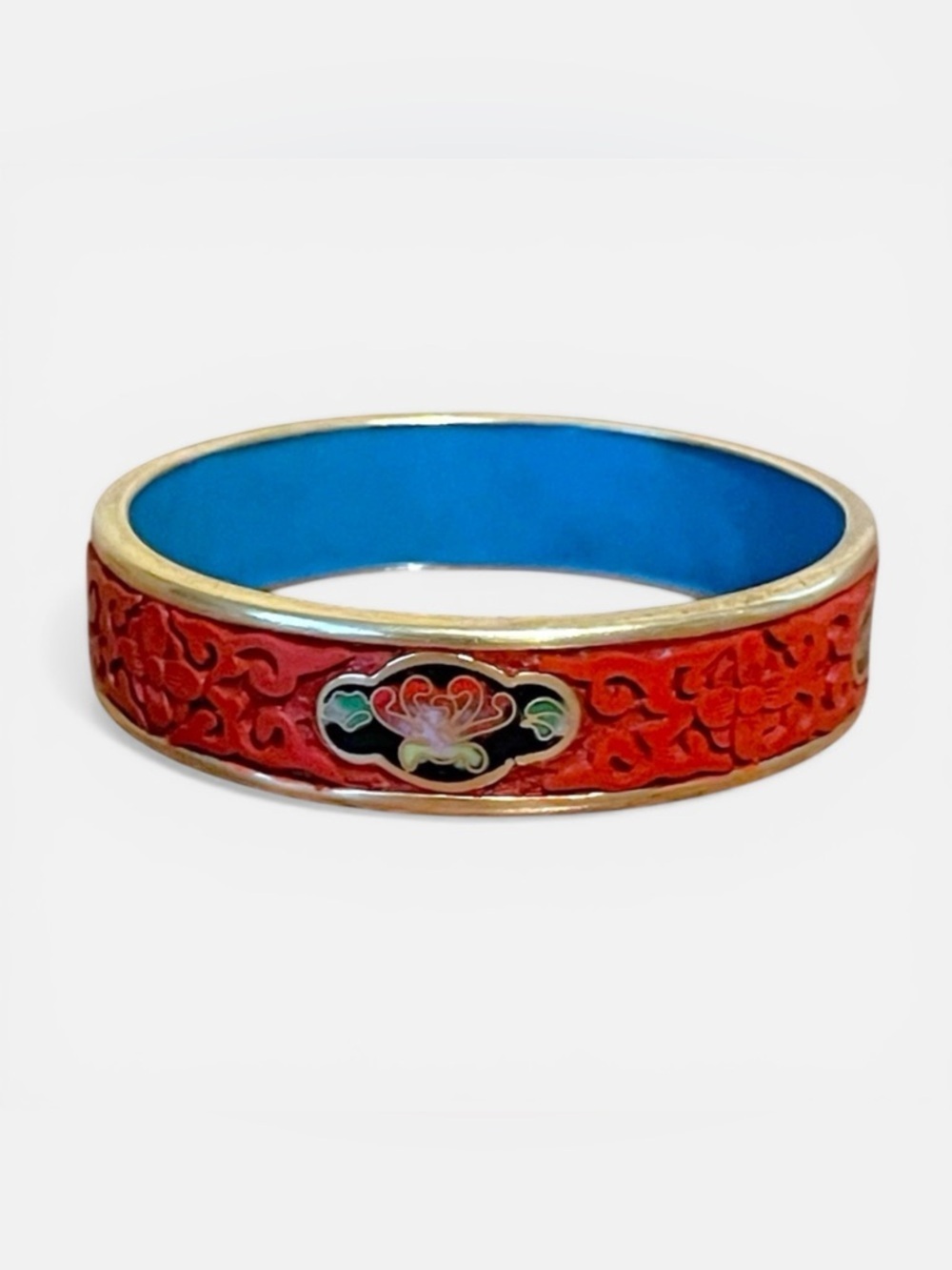 Vintage Chinese Export Cloisonne Carved Cinnabar Bangle Bracelet Enamel Brass